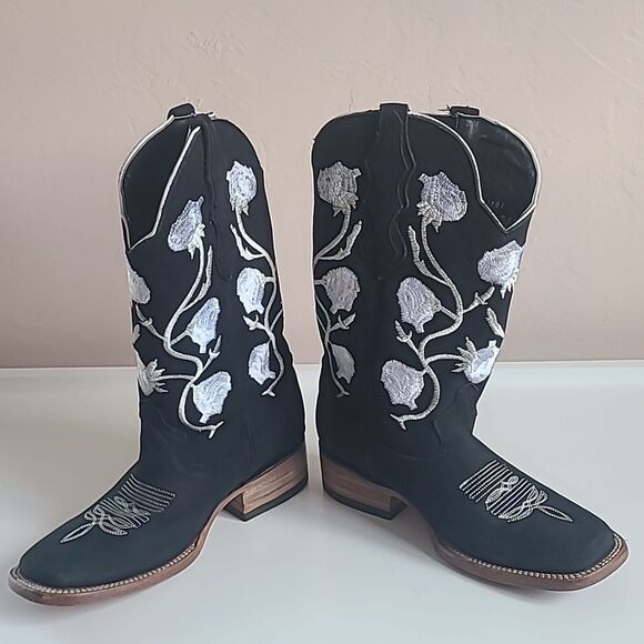 White Diamond Black Nubuck Leather White Flowers Square Toe Rodeo Boot Size 6.5 - Picture 10 of 16